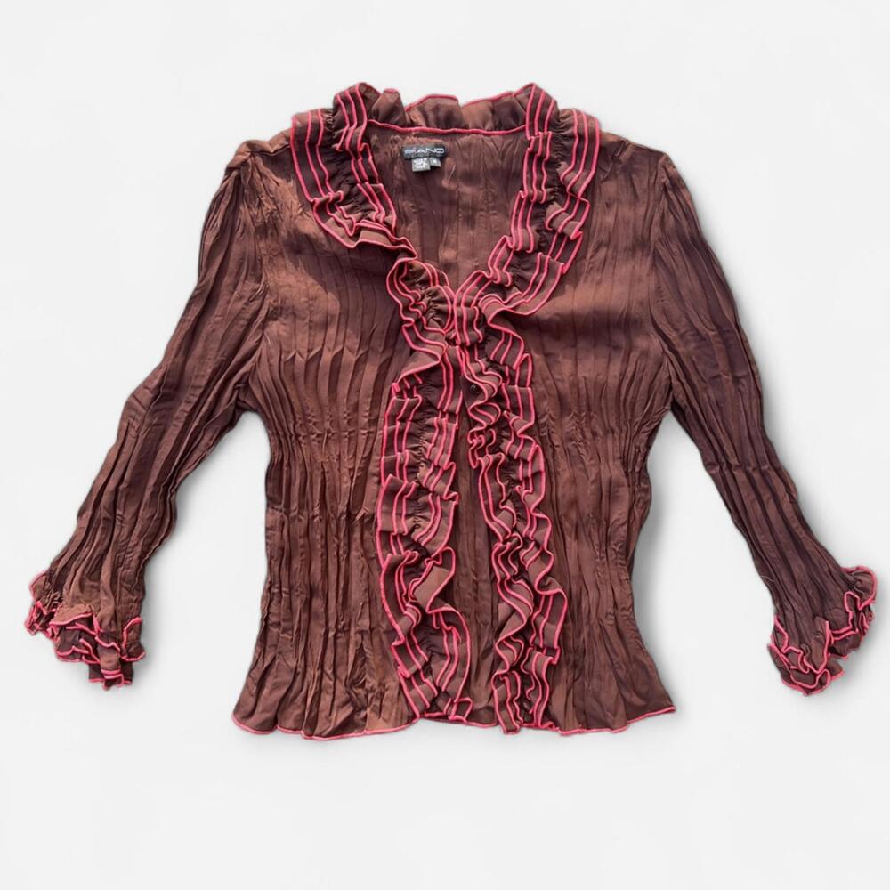 Piano Vintage 2000s Pink and Brown Ruffle Blouse